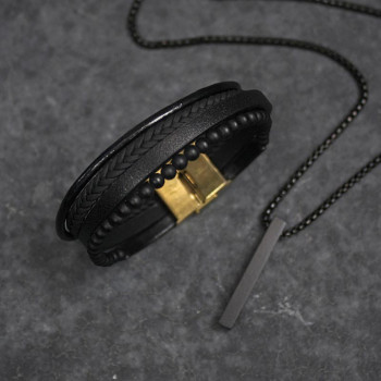 ست دستبند چرم و گردنبند مردانه استیل